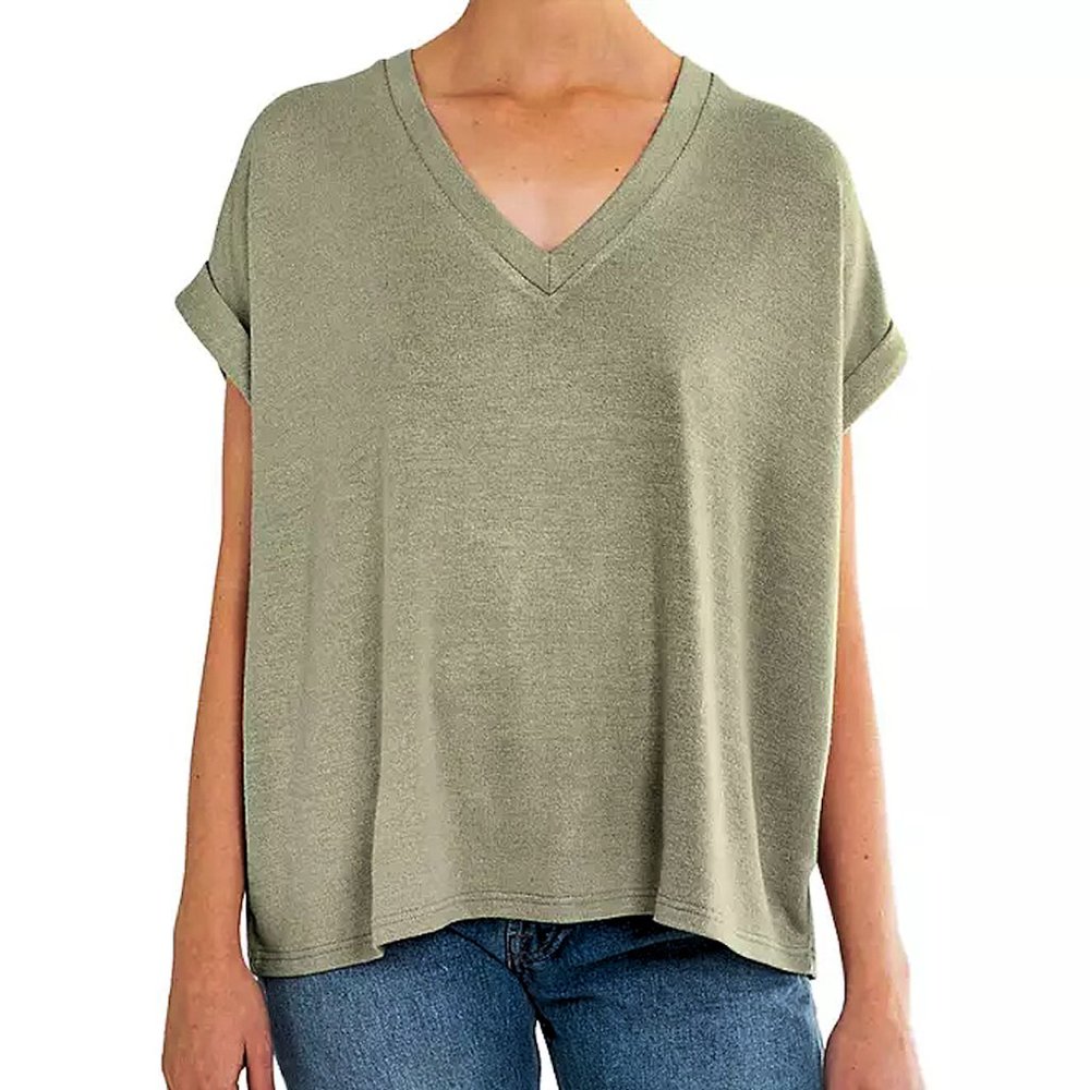 Mod Ref Women's Rolled Cuff Short Sleeve V-Neck Top Lightweight Knit Sage XXL